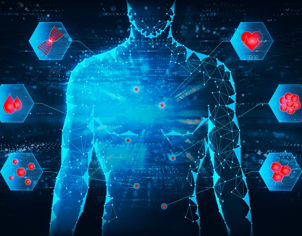 Digital image of male upper body in blue holographic imagery. Signs extended from the body with red icons showing health symbols. Black background.