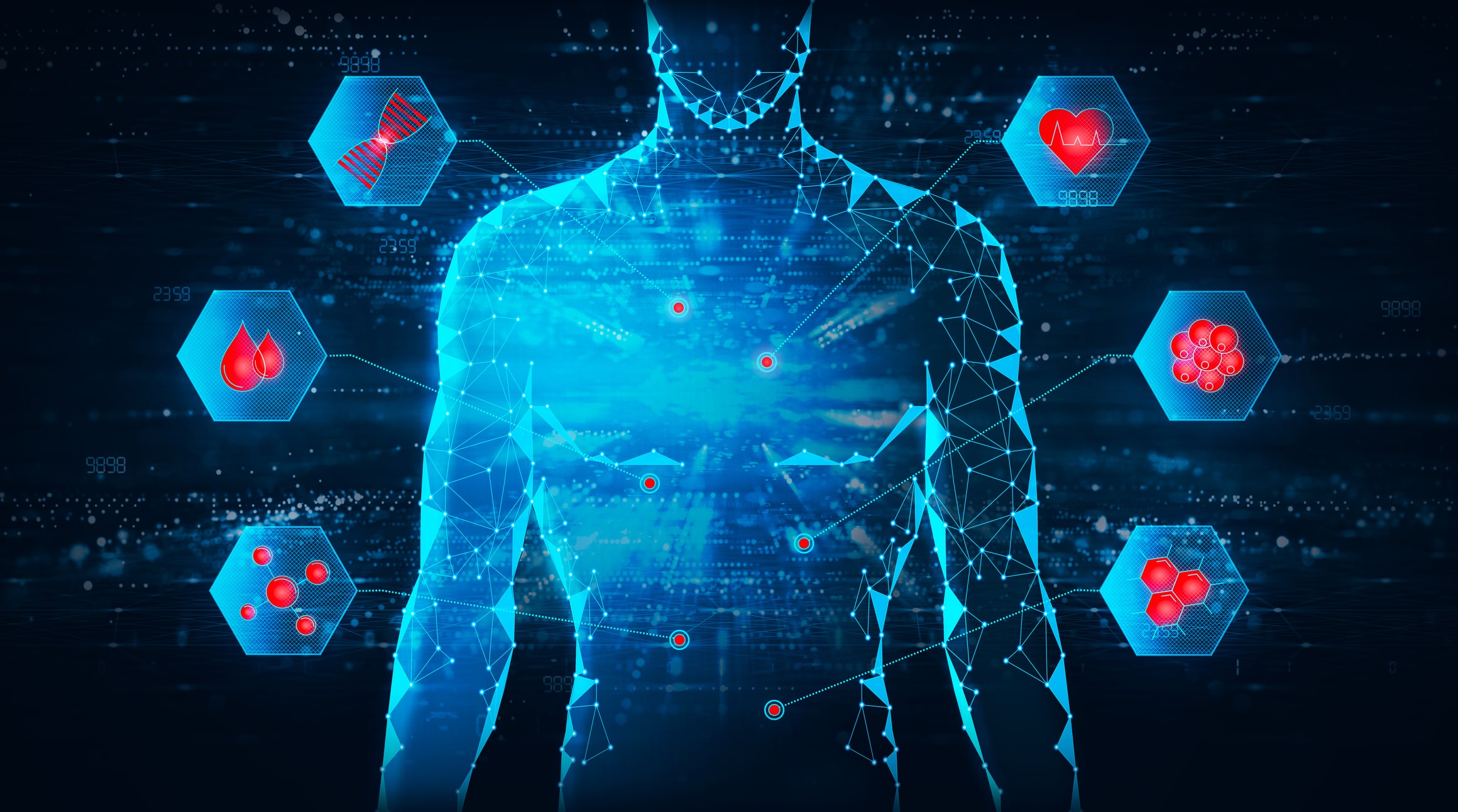 Digital image of male upper body in blue holographic imagery. Signs extended from the body with red icons showing health symbols. Black background.